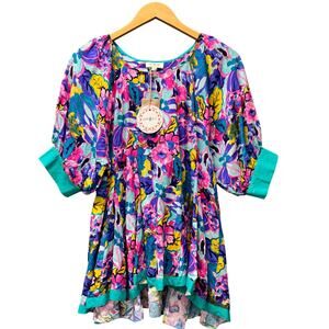 Umgee Blouse Womens Medium Colorful Blue Pink Floral Boho Coastal Tunic NEW